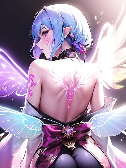 Glowing Holographic Wing Tattoos Adorn Her Back in Seductive Kimono Hentai Scene