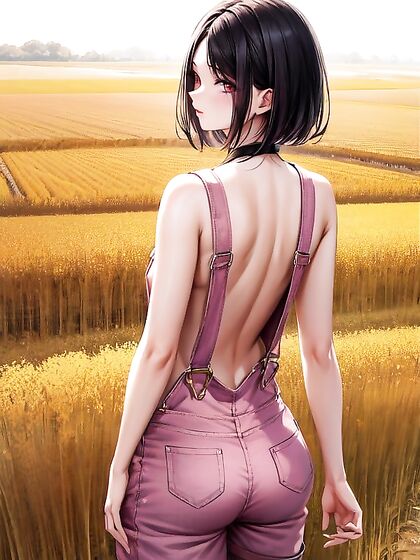 Naked Girl 18+ in Pink Overalls Enjoys Panoramic Views Amidst Golden Rice Fields