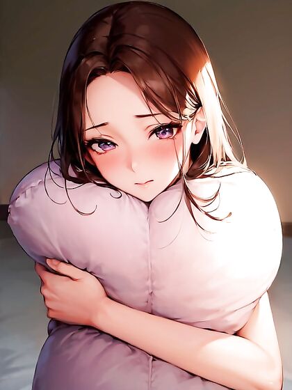 Blushing Cutie Hugs Soft Pillow in Sensual Hentai Action