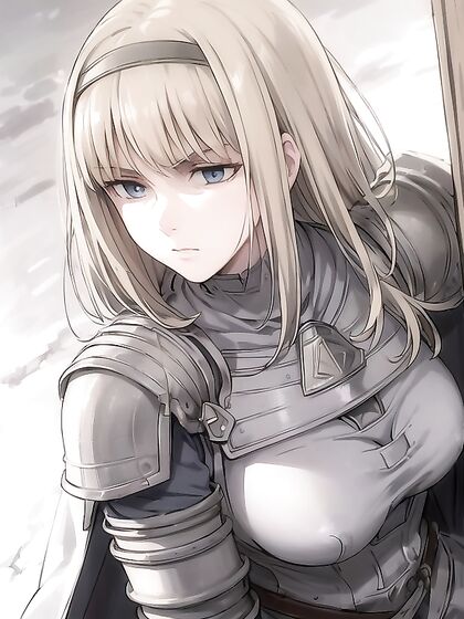 Blue-Eyed Warrior Stands Dominant in Armored Gloves for Seductive Hentai Pleasure