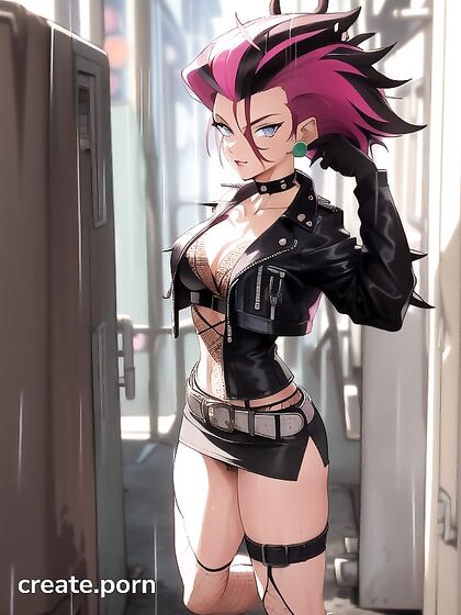 Warm Anime Chick in Leather Jacket Stares Seductively at You for Steamy Hentai Fun