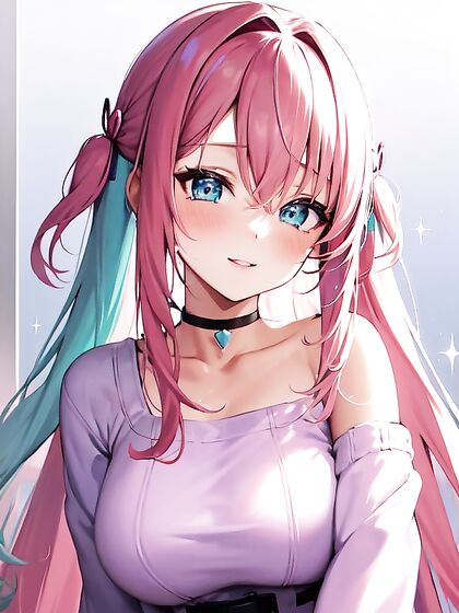 Cute Girl 18+ with Sparkling Eyes Wears Choker and Oversized Sweater in Seductive Hentai Scene