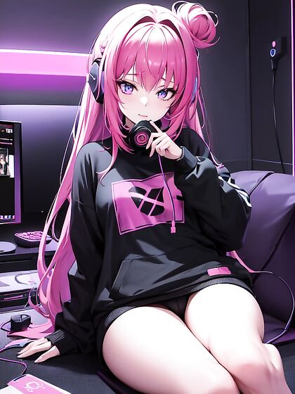 Focused Anime Girl 18+ in Gaming Gear Teases with Seductive Controller Play