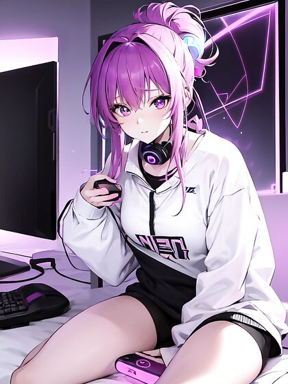Focused Gamer Girl 18+ with Messy Bun Wears Skeet Logo Sweatshirt in Erotic Hentai Scene