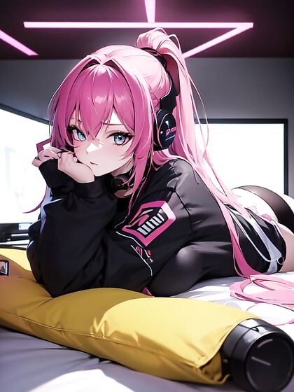 Sweatshirt Clad in Skeet’s Vibrant Neon Colors Lit by Matching LED Backdrop Lay Down Hentai Fun