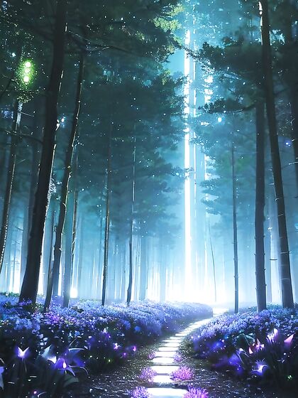 Bioluminescent Forest Panorama: Stars Peek Through Treetops in Erotic Hentai Scenes