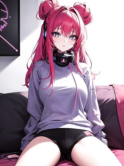 Casual Messy Bun and Focused Gamer Vibes in Skeet Logo Sweater Hentai Action