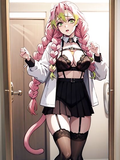 Mitsuri Kanroji in Neko Cat Lingerie Peeks Through the Bathroom Keyhole for Naughty Hentai Fun