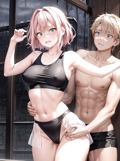 Arms Raised in Fear: Sport Bra-clad Chick in Intense Hentai Action