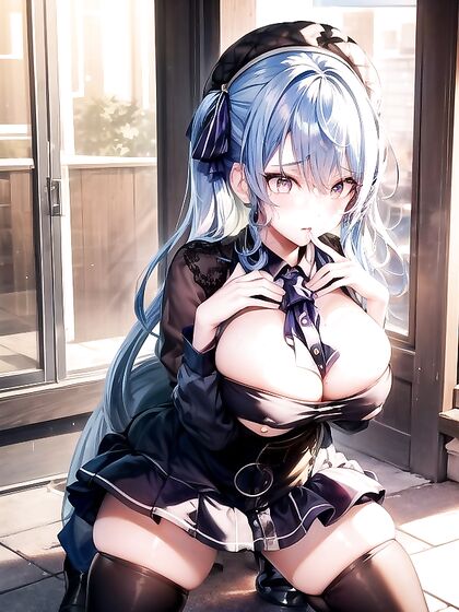 Pale-Skinned Beauty with Pink Eyes and Beret in Seductive Hentai Action