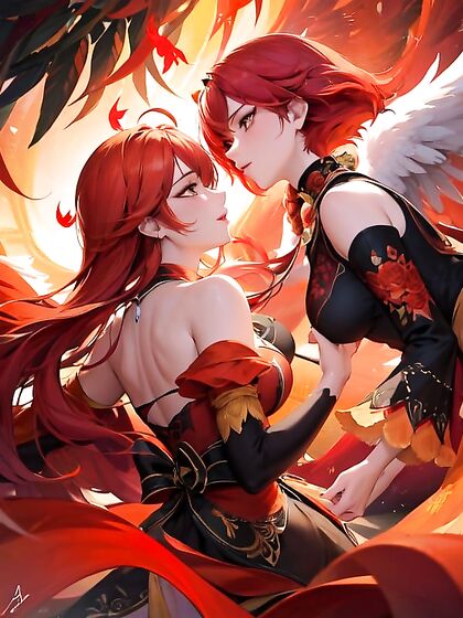 Two Phoenixes Nesting in a Magical Grove with Gentle Flames for Passionate Hentai Pleasure