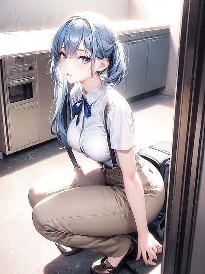 Blue-Haired Beauty Gets Wild in the Laundry Room with Ultra-Detailed Office Pant Action