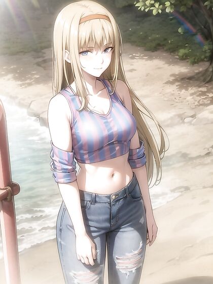 Mischievous Smile and Blush in Rainbow Stripes and Jeans Hentai Fun