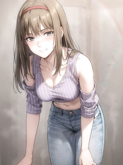 Mischievously Smiling Babe in Rainbow Shirt Teases in Hentai AI Action