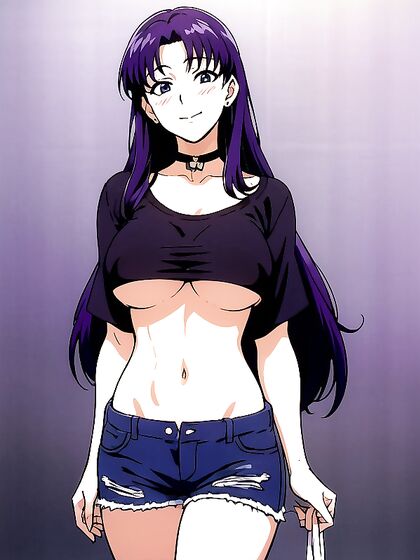 Misato from Evangelion Smiles and Blushes in Crop Top for Steamy Hentai Action