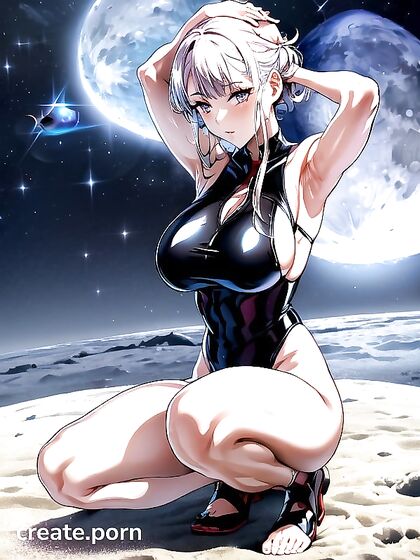 Kneeling in Moonlit Sand: Full-Body Ecstasy with One Hand on Her Head