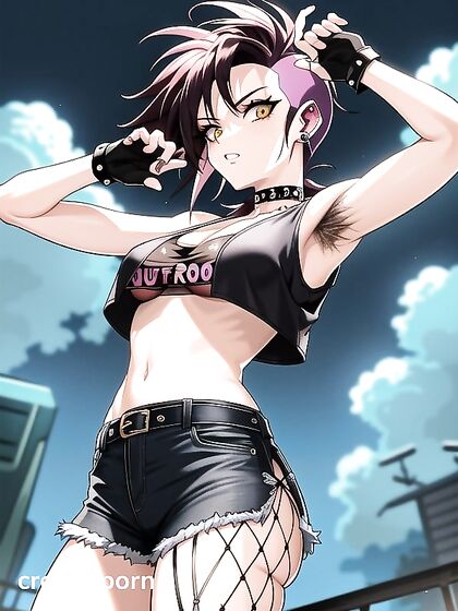 Hairy hentai Girl 18+ in black clothes and piercings gets naughty