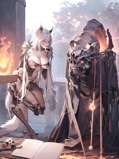 Casting Fire Spells While Wearing a Wolf SkullHelmet in Sinful Hentai Action