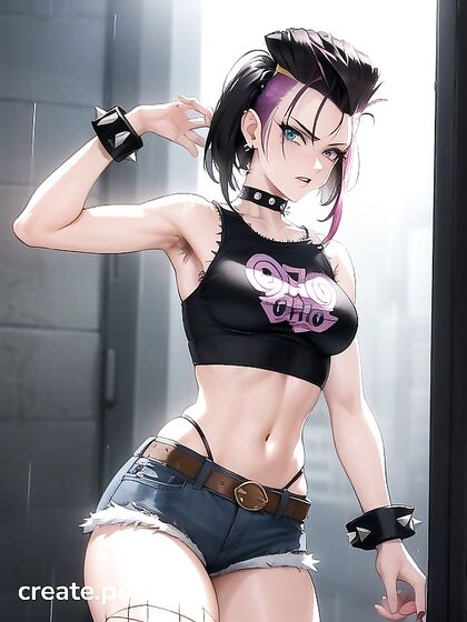 Spiky-Haired Babe in Fingerless Gloves Teases with Pubic Hairs in hentai Action