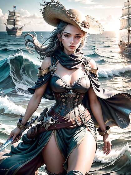 Tropical Isle Seduction: Confident Smile and Distant Warship in High-Seas Hentai Fantasy