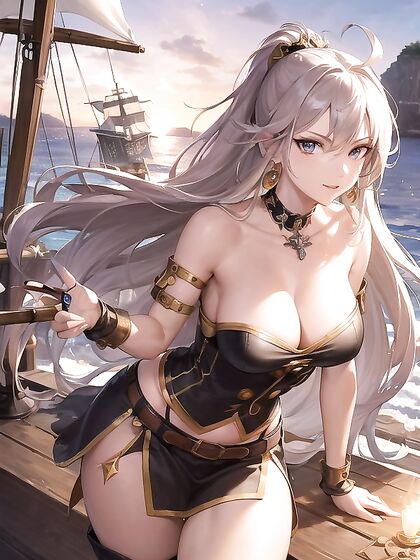 Sunset Sail: Pirate with Jeweled Cutlass Unfurls Pleasure on Tropical Seas