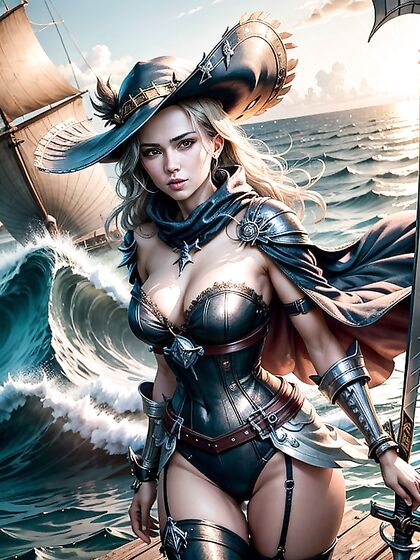 Pirate Captain Commands Her Ship While Eyeing Distant Enemy Vessel in Sultry Hentai Scene