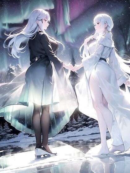 Snowy Nightmagic: Pine Silhouettes and Northern Lights Reflect on Ice in Erotic Hentai Fantasy