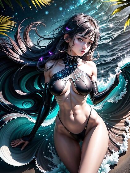 Glowing Tide and Gentle Waves with Bioluminescent Plankton in Distant Cliff Shadows Hentai