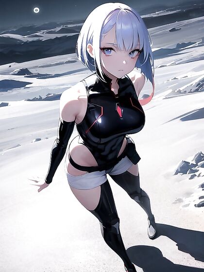 Lucy in Futuristic Spacesuit Stands on Moon’s Surface Amidst Floating Lunar Dust