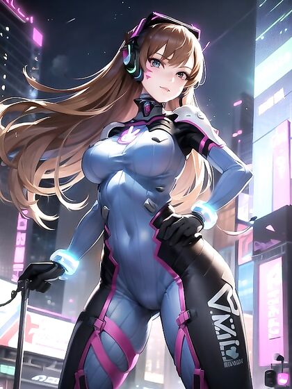 D'va Poses Seductively With Her Mech Amidst Neon-lit Cyberpunk Cityscape Hentai