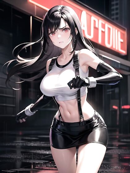 Tifa Walks Through a Rainy Night Street With Mood Lighting and Glowing Neon Reflections