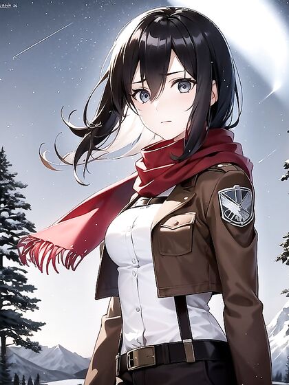 Mikasa Stands on a Snowy Cliff Amidst Glittering Snowflakes and Majestic Mountains in hentaiErotica