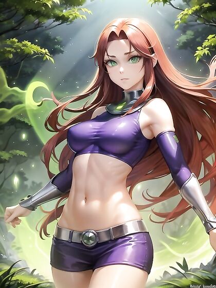 Starfire Soars Through Bioluminescent Forest at Night in Vibrant Hentai AI Image