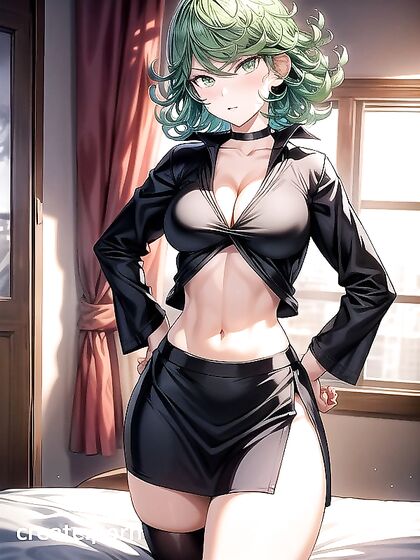 Curvy Green-Haired Beauty Shows Off Her Midriff in BedroomCrop Top and Stockings Hentai Action