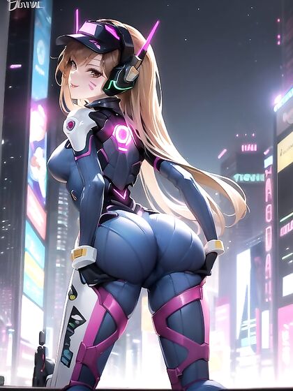 D'Va Strikes a Playful Pose by Her Mech Amidst Neon Vibes in Cyberpunk City hentai