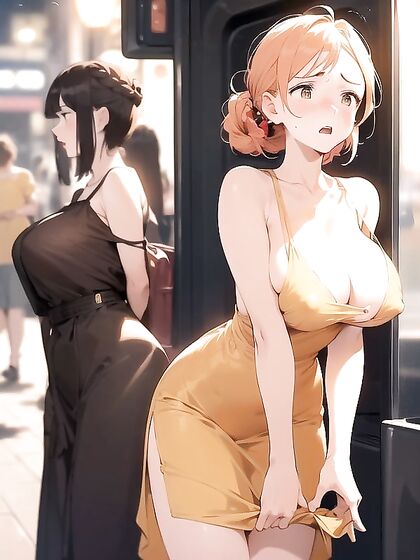 Bust Shot of Woman in Yellow Dress with Broken Strap and Shimmery Makeup Hentai Porn