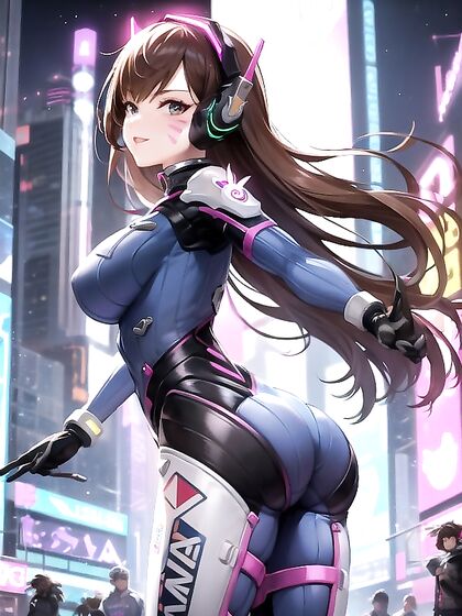D'va Winks Playfully in a Glowing Cyberpunk City With Her Mech Behind Her