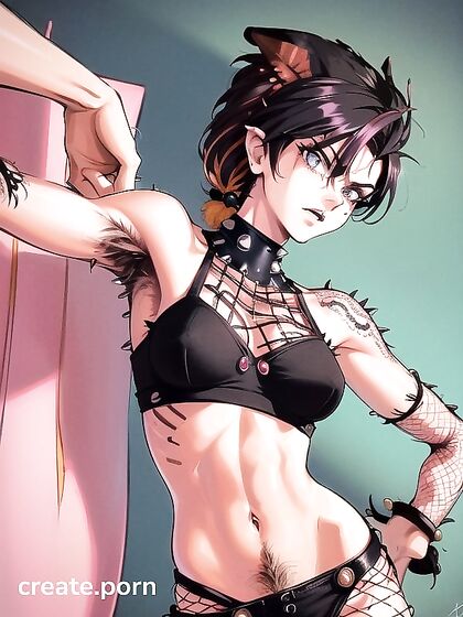 Realistic Woman with Bush Wearing Black Outfit in Horny hentai Action