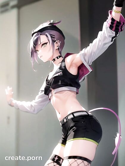 Multicolored Hair Beauty in Fishnets and Seductive Makeup for Hot Hentai Action