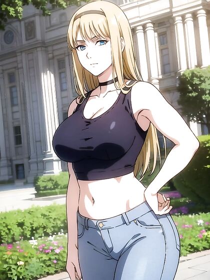 Blonde in Blue Jeans and Gold Crop Top Teased by Black Choker in Seductive Hentai Scene