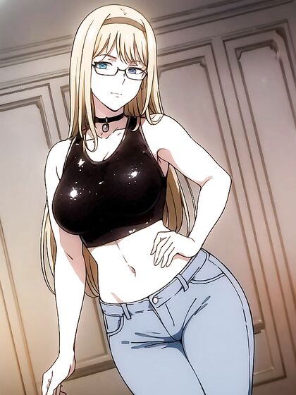 Wearing a Gold Sequin Crop Top and Blue Jeans with Black Glasses in steamy Hentai Action