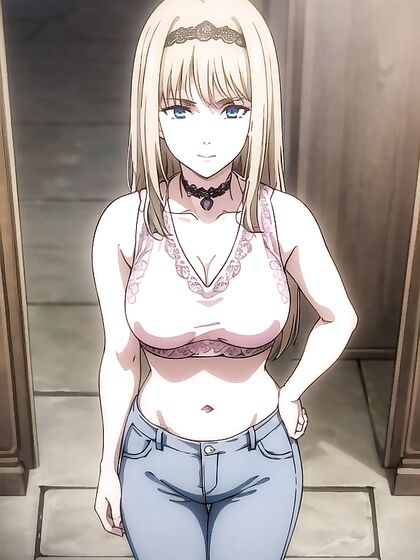 Seductive Teen 18+ in Black Choker, Pink Crop Top, and Blue Jeans Hentai Action