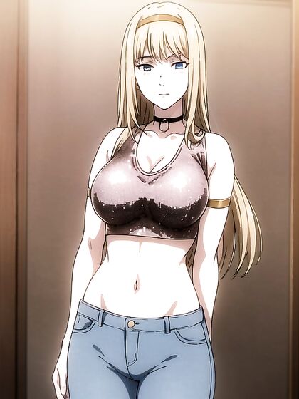 Sexy Blue Jeans, Black Choker, and Gold Sequin Crop Top Hentai Action