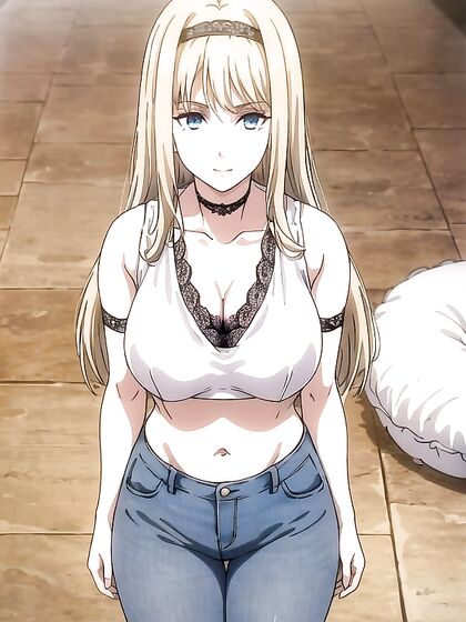 Barbie Crop Top and High-Waisted Jeans with Black Lace Choker Hentai Action