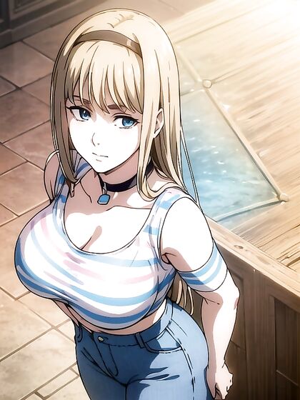 Sexy Blue Jeans and Black Choker with Rainbow Crop Top in Hentai Action