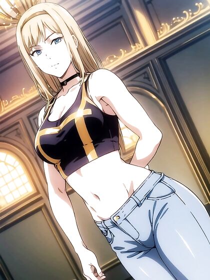 Sexy Gold Sequin Crop Top and Blue Jeans Pose in Mesmerizing Hentai Action