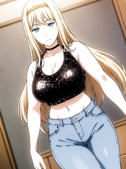 Seductive Black Choker and Blue Jeans with Shiny Gold Sequin Crop Top Hentai Fantasy