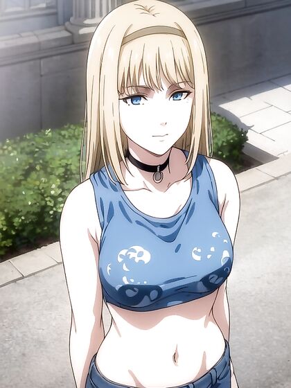 Sensual Girl 18+ in Black Choker, Blue Jeans, and CroppedGraphic Tee Hentai Pleasure