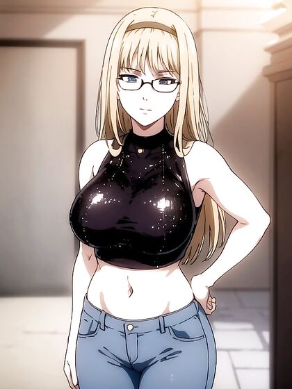 Wearing a Black Choker and Glasses with a Shiny Gold Sequin Crop Top in Hentai Action