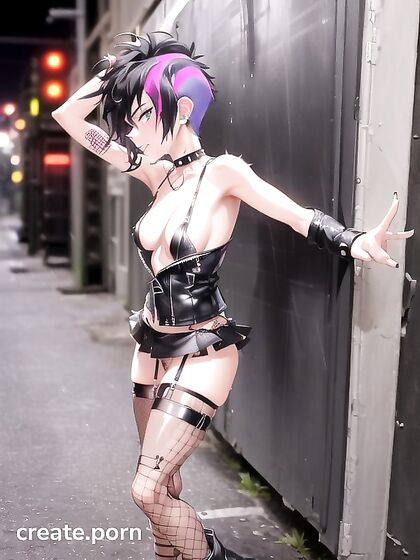 Spiky-Haired Biker Chick in Leather Jacket Rides Wild Hentai Pleasure Waves